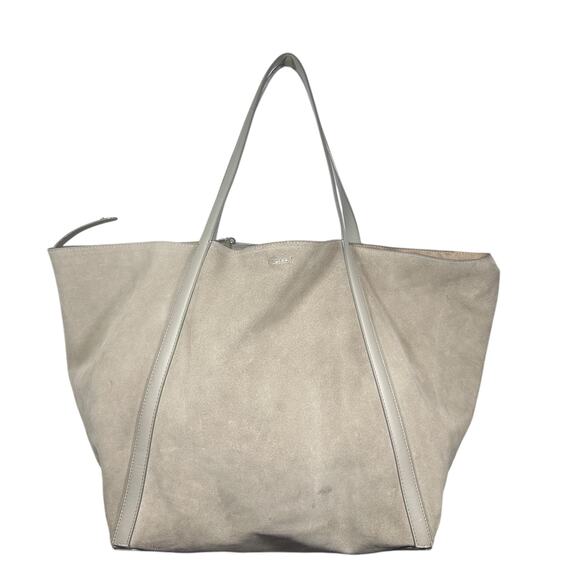 Reiss Beige Suede Slouchy Tote Bag Leather Trim Soft Unstructured Shoulder Purse - Picture 1 of 15